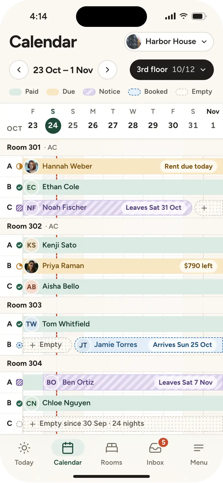 The occupancy calendar: beds by room down the side, nights from 23 October across the top. Notice periods are hatched, bookings dashed and empty nights dotted.