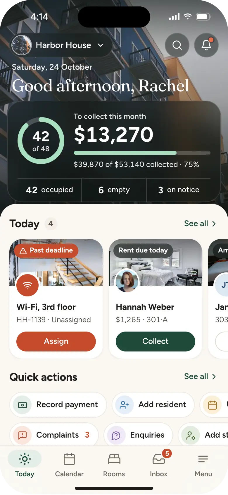 Owner home in RP365: Harbor House photo header, $13,270 still to collect this month, 42 beds occupied, 6 empty, 3 on notice, and today's cards for a late Wi-Fi ticket and Hannah's rent.