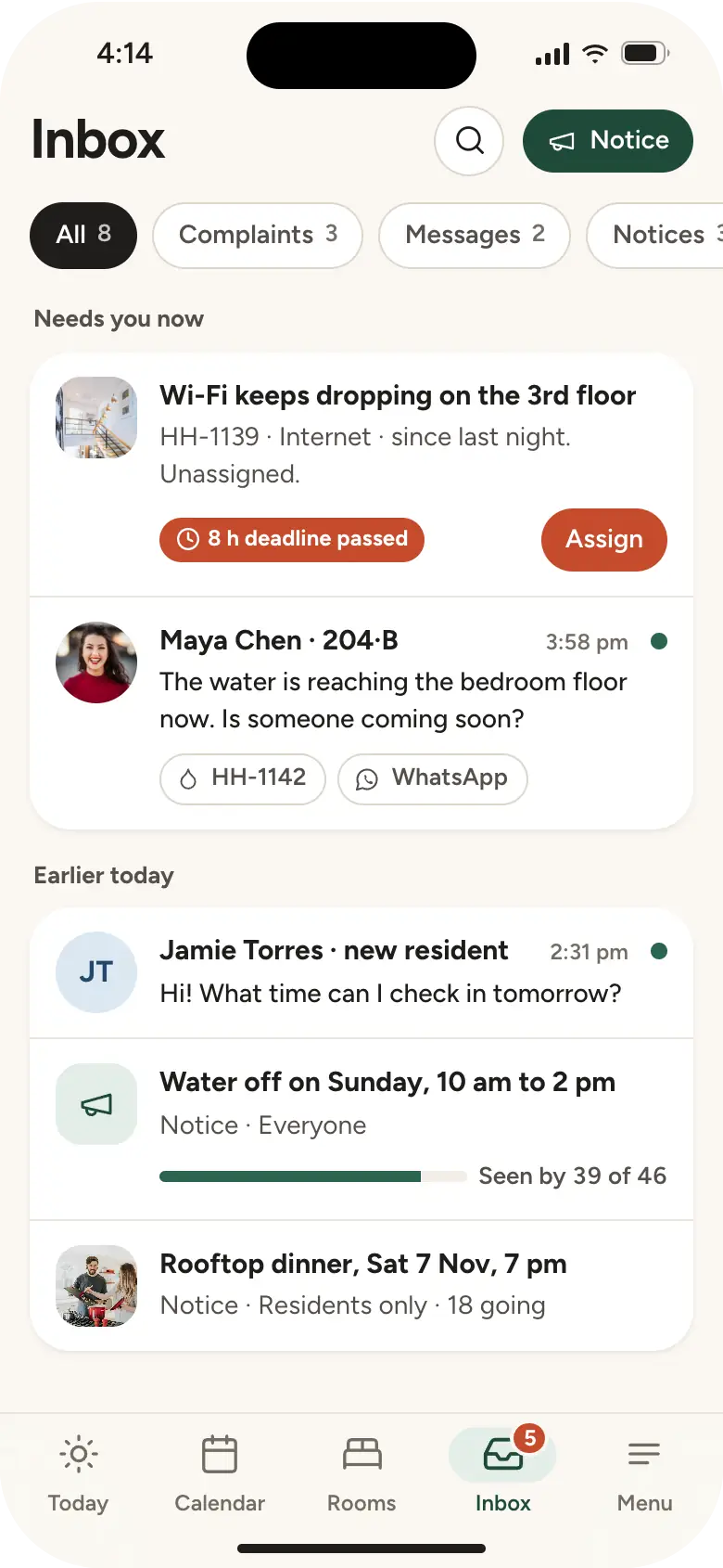 The owner's inbox: complaints, WhatsApp messages and notices in one list, with what needs attention first.