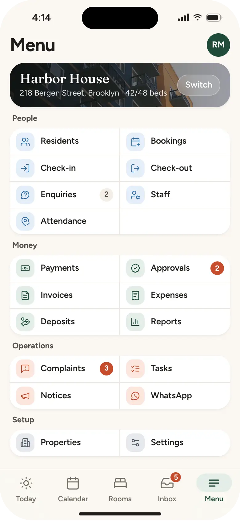 The menu with every module, grouped into People, Money, Operations and Setup.