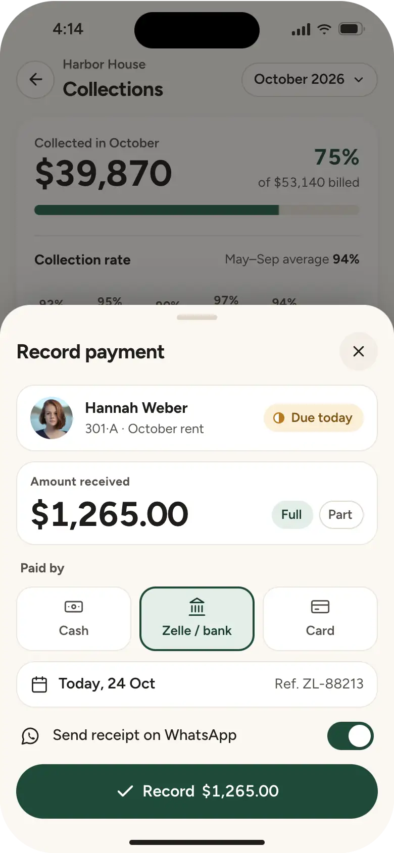Record payment sheet: Hannah Weber, $1,265.00 received today by Zelle or bank transfer, with Send receipt on WhatsApp switched on.