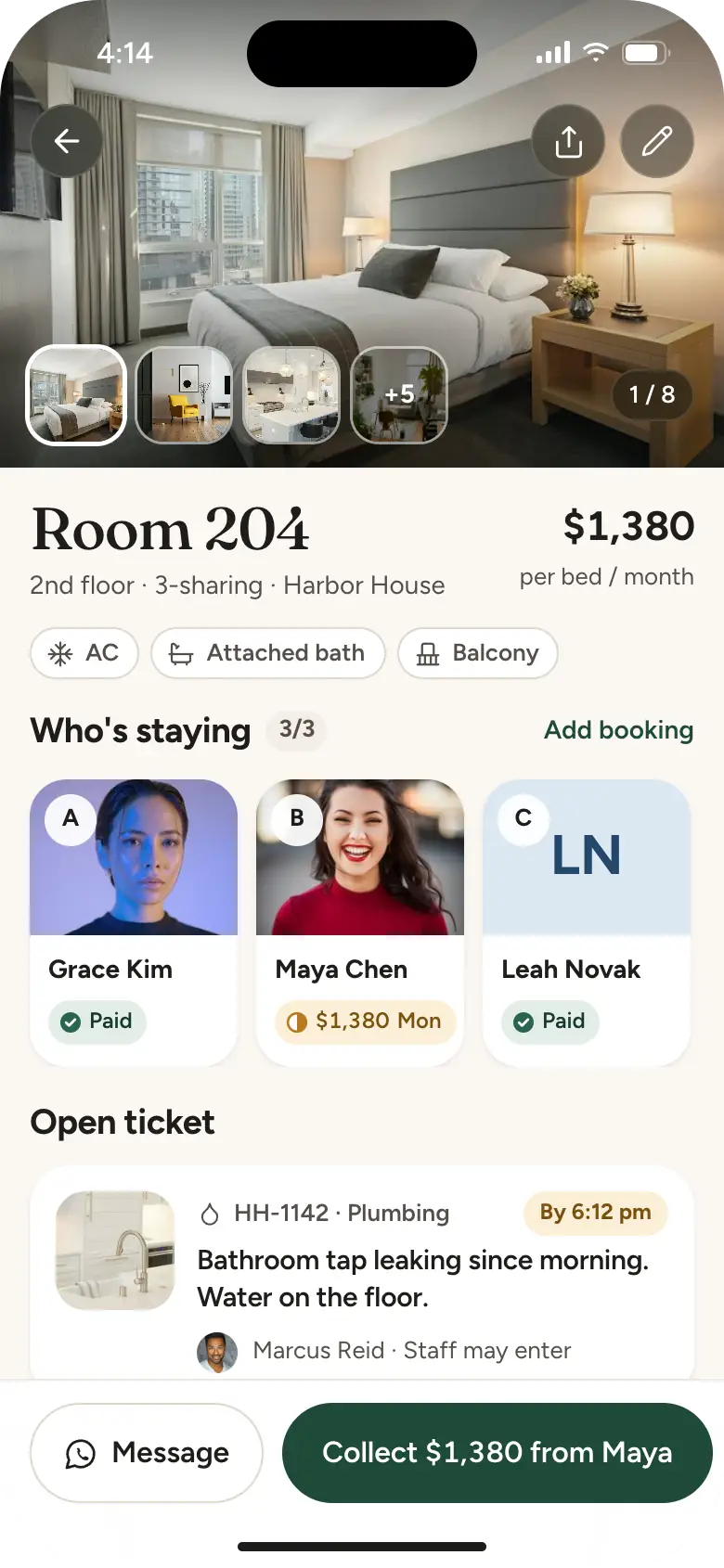 Room 204: a photo gallery, $1,380 per bed per month, AC, attached bath and balcony, the three residents and the open ticket HH-1142.
