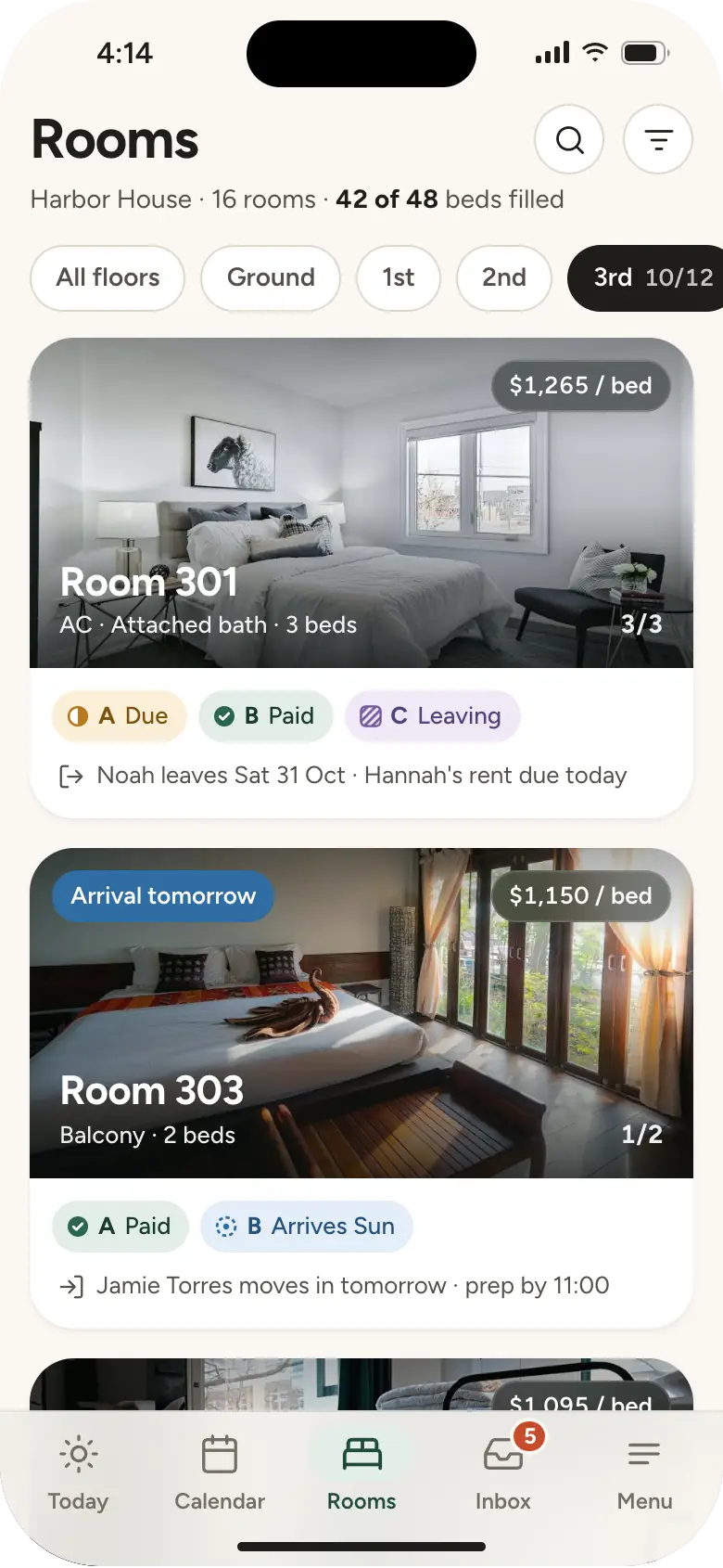 Rooms at Harbor House as large photo cards, each with its beds as small status pills: due, paid, leaving, booked and empty.