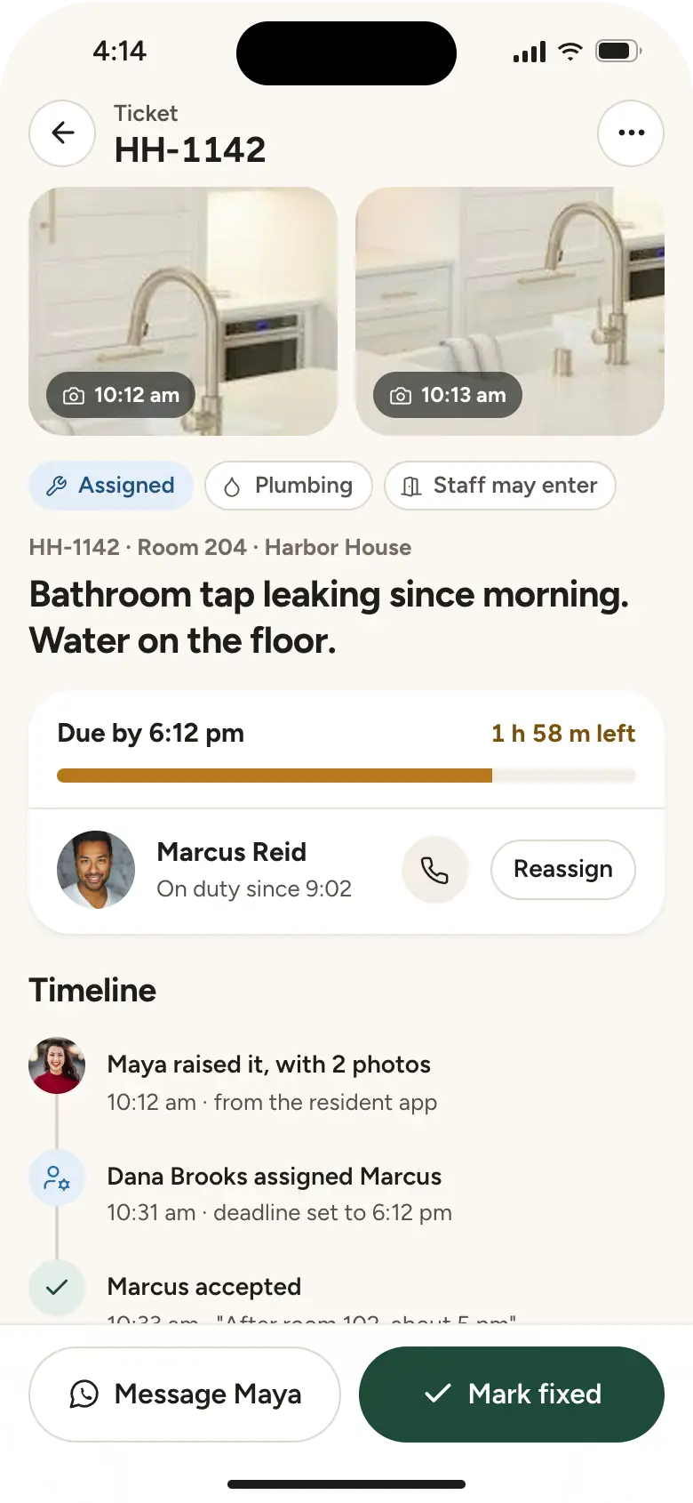 Ticket HH-1142, bathroom tap leaking in room 204: Maya's photos, the deadline as a live bar, Marcus Reid assigned, and the timeline.