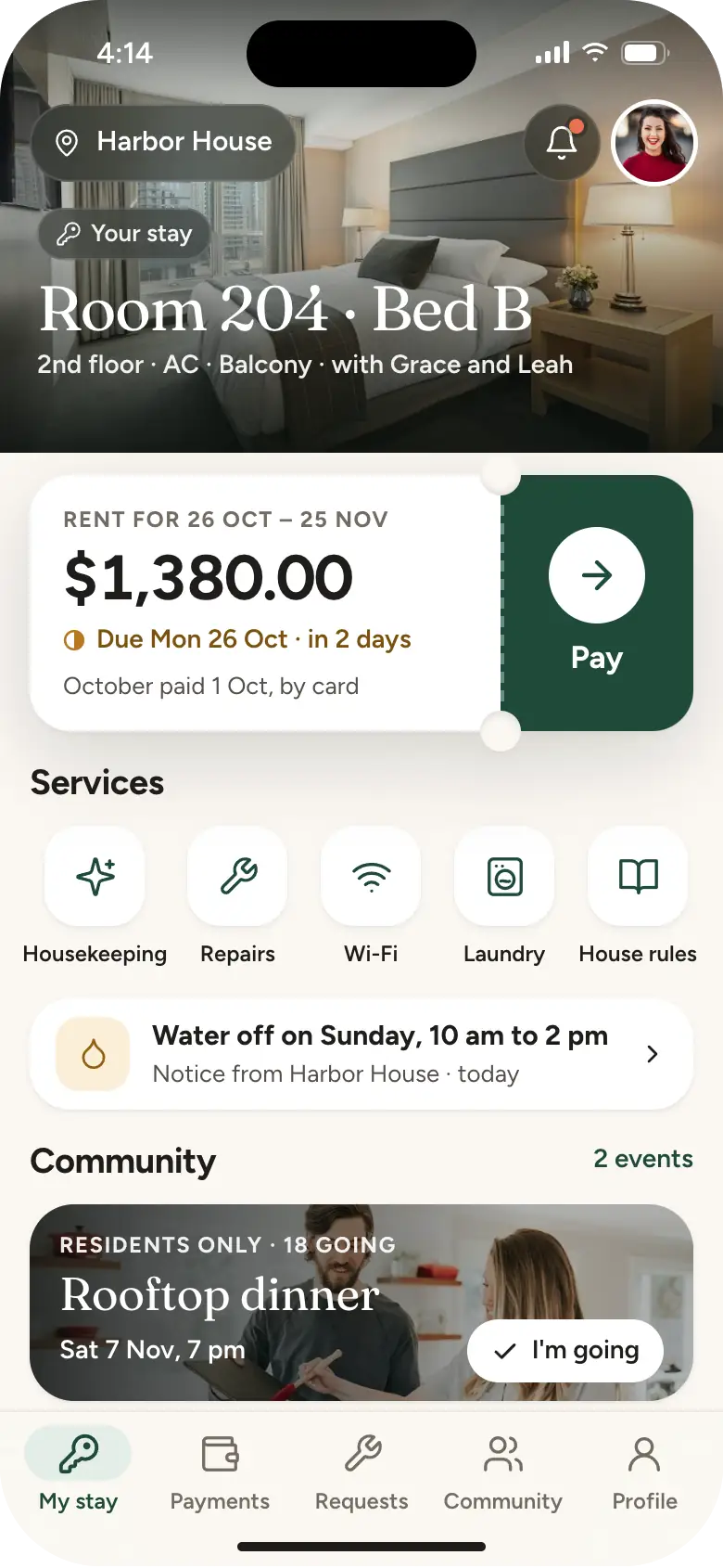 Maya's stay: Room 204, Bed B on a photo header, her rent for 26 October to 25 November as a boarding-pass card with a Pay button, services, a notice and the rooftop dinner.