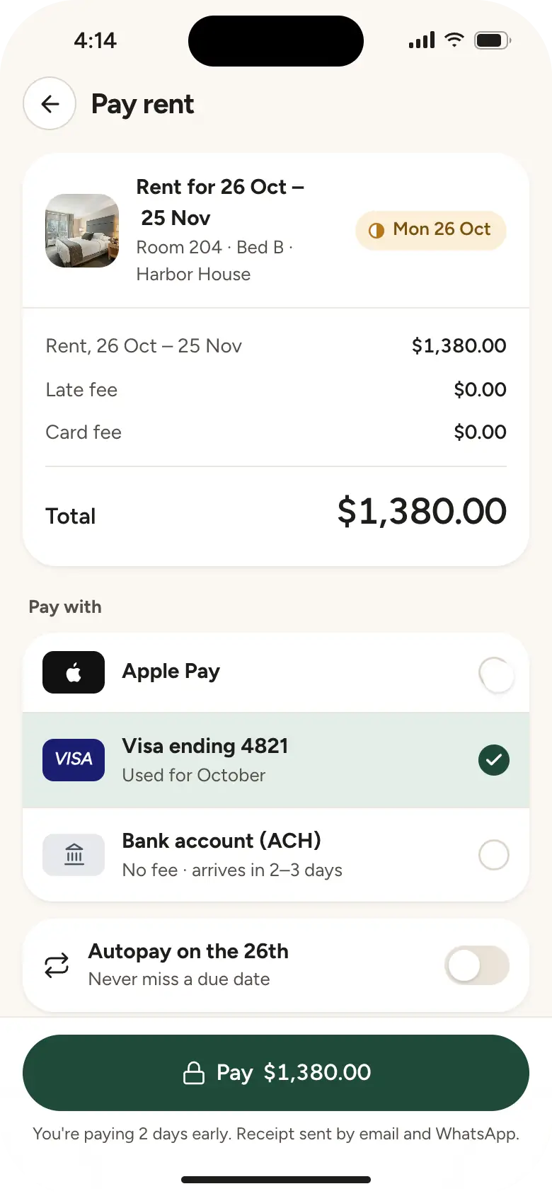 Pay rent: $1,380.00 for 26 October to 25 November, with the Visa card she used last month selected and one Pay button.