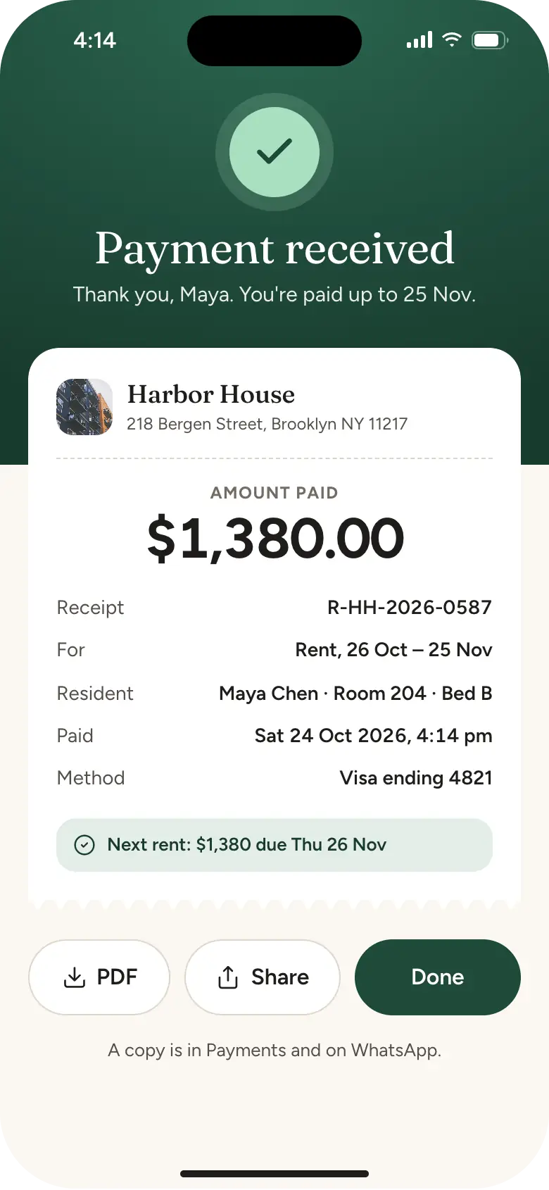 Payment received: an elegant receipt for $1,380.00, receipt R-HH-2026-0587, with the next due date.