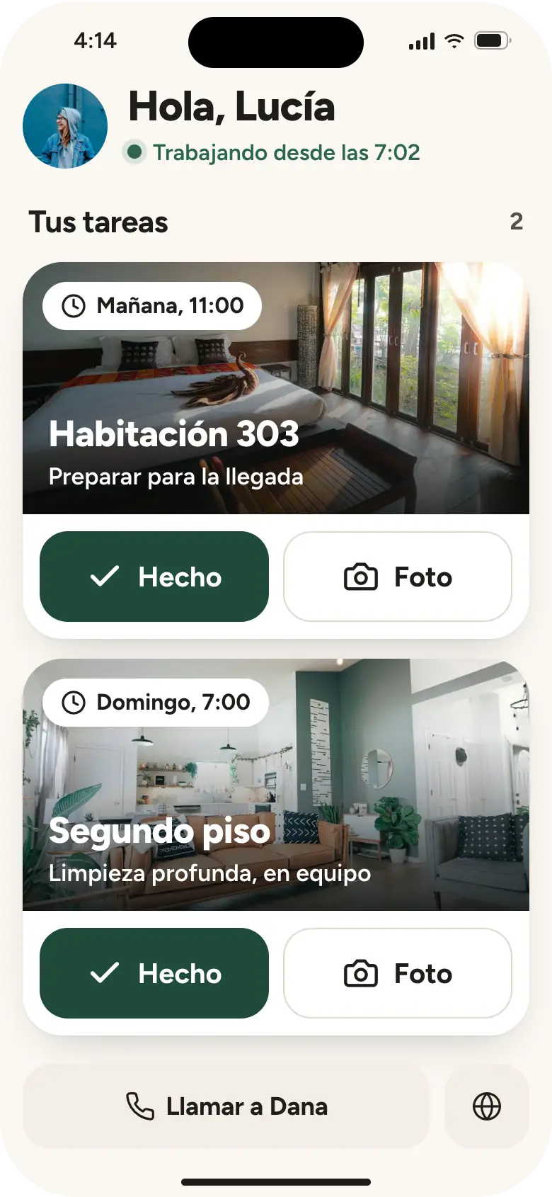 Simple mode in Spanish for Lucía: large photo cards for each job with big Hecho and Foto buttons, and one button to call Dana.